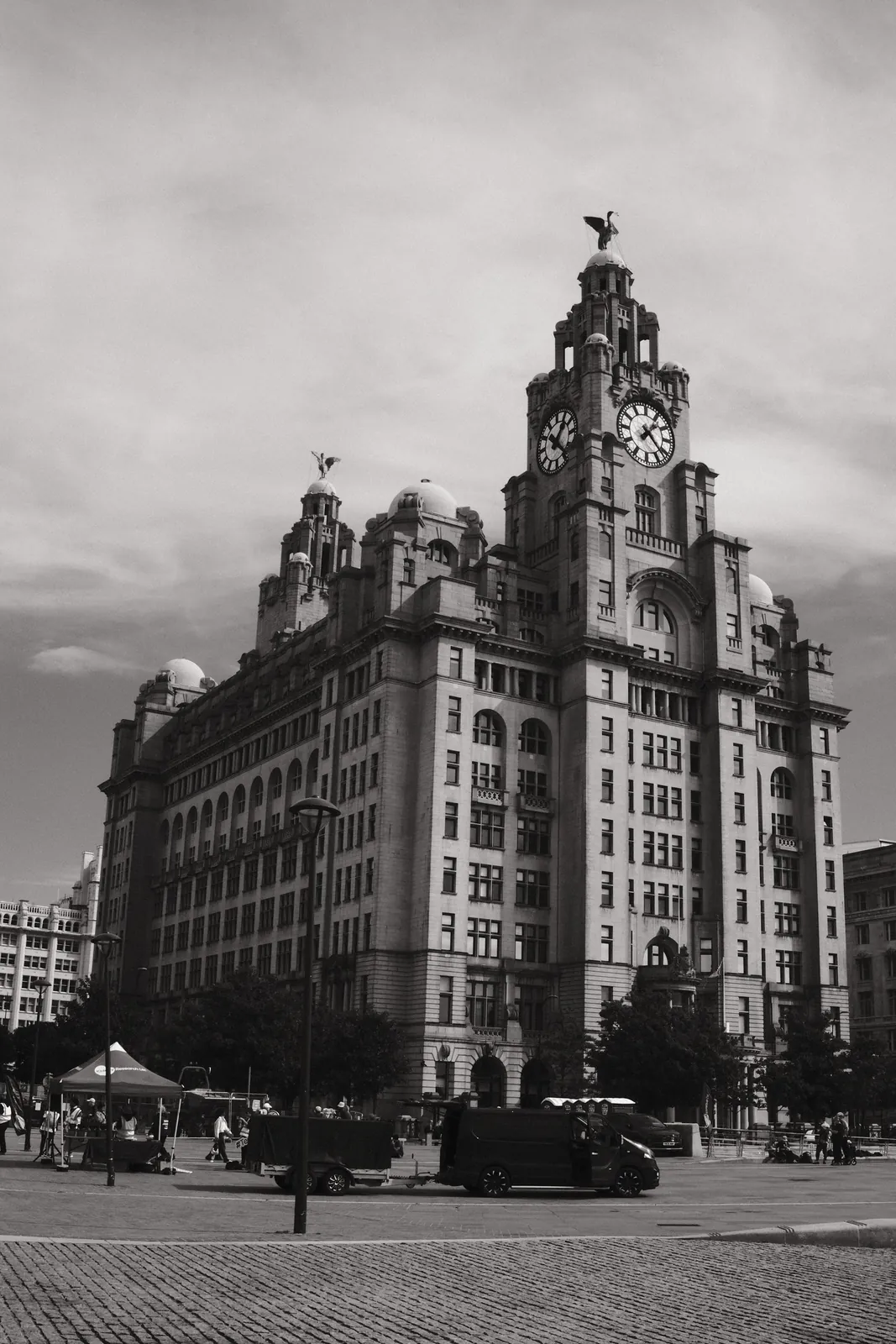 The Royal Liver Building and street traffic in black and white.